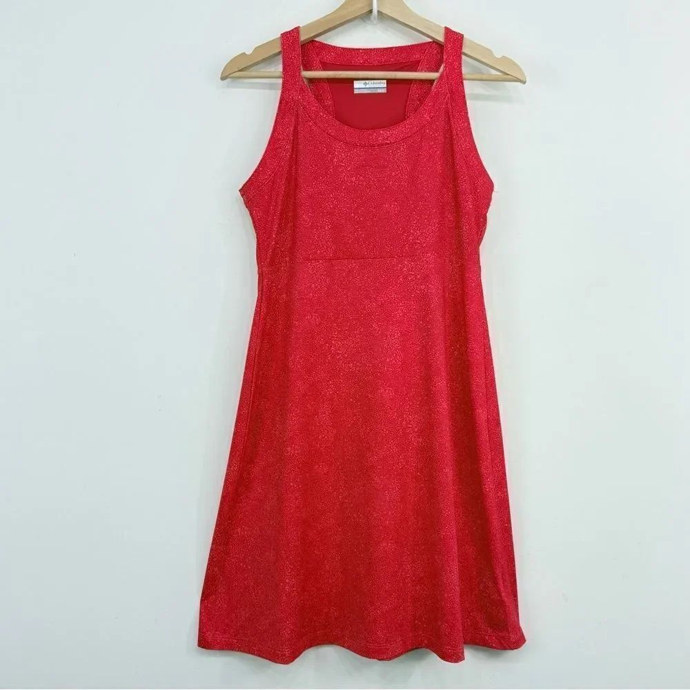 Columbia Red Splash Print Athletic Sporty Sleeveless Casual Tank Stretch Dress